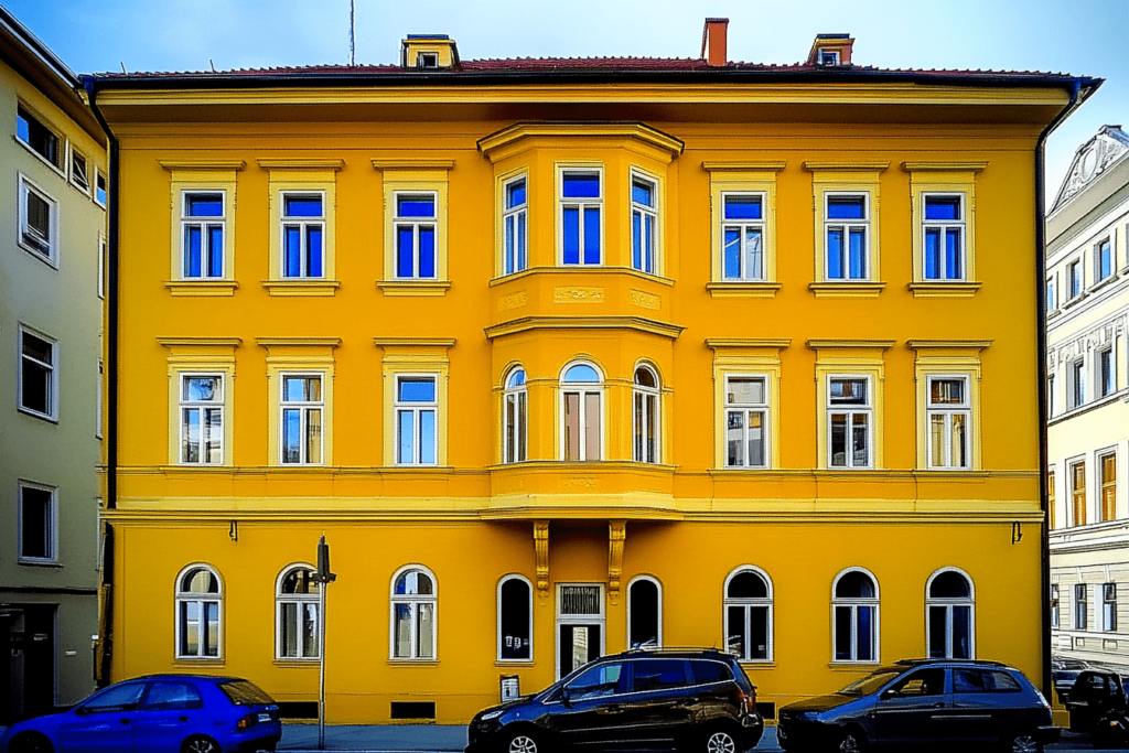 Yellow building that shows that Intrabuild construction company provides exterior painting services