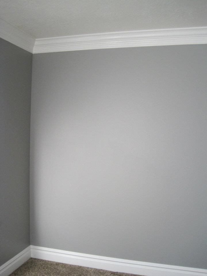 Perth County interior painting — grey walls with crown moulding and white baseboards