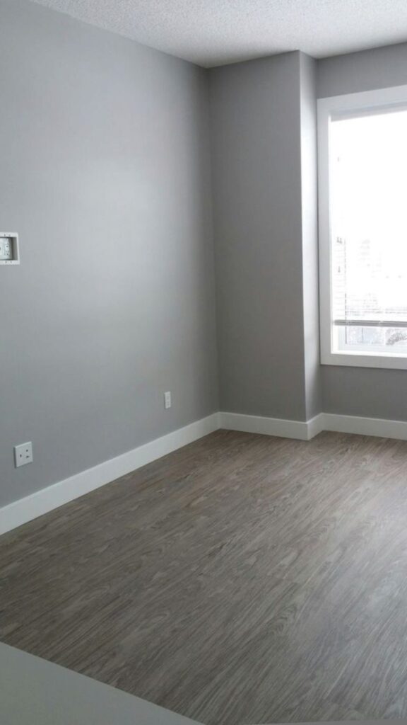 Light grey painted corner room with a large window