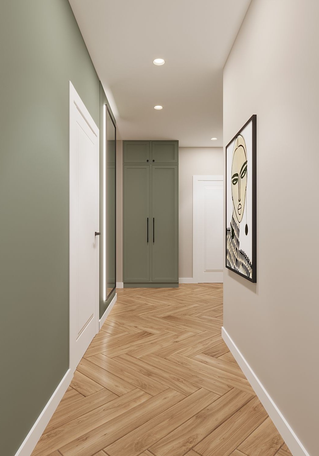 Interior painting in Milton — sage green hallway with white trim