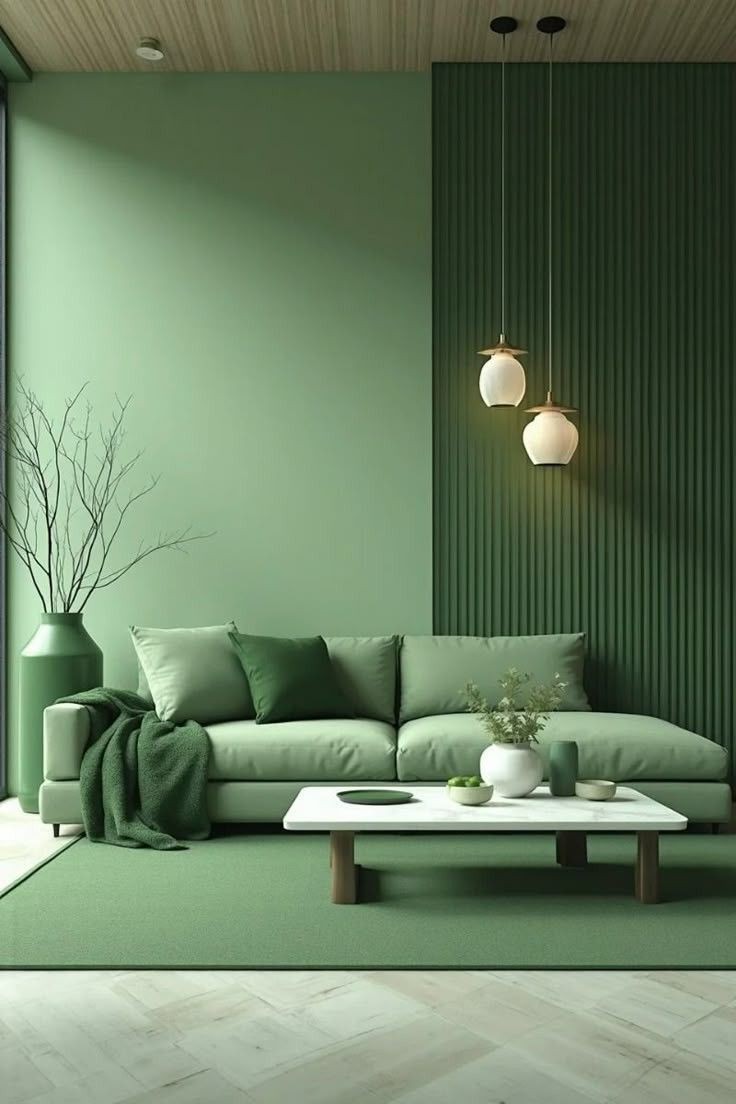 Interior painting in Mississauga — sage green living room with fluted accent wall