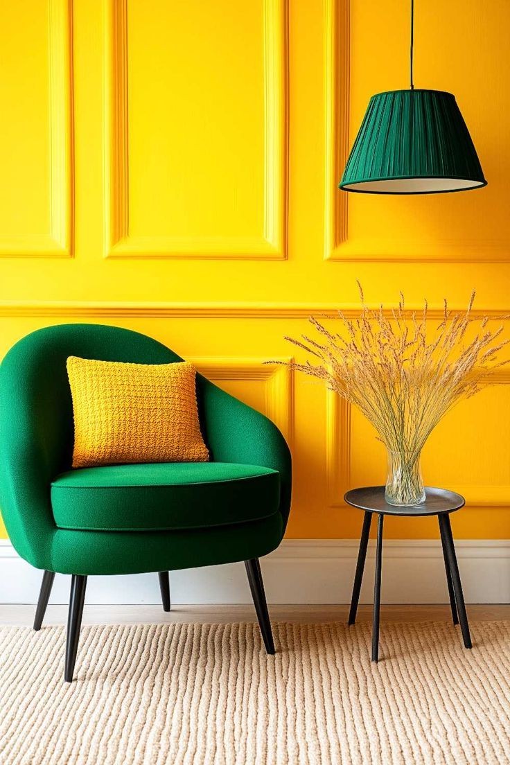 Interior painting in London, Ontario — yellow feature wall with green armchair
