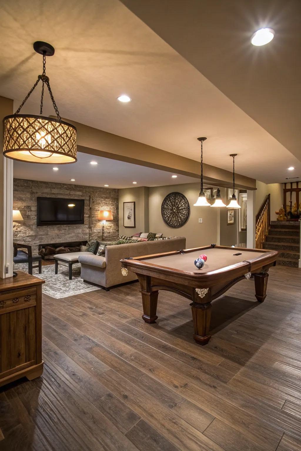 Finished luxury basement lounge with pool table, stone fireplace and reclaimed wood wall