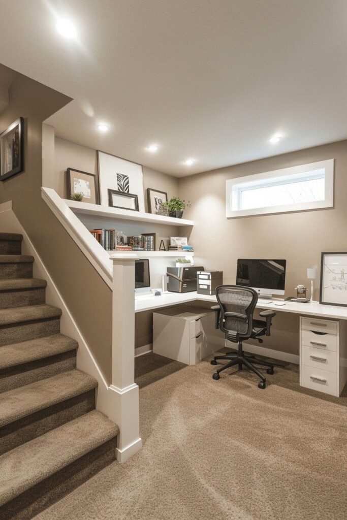 Basement home office built under the stairs