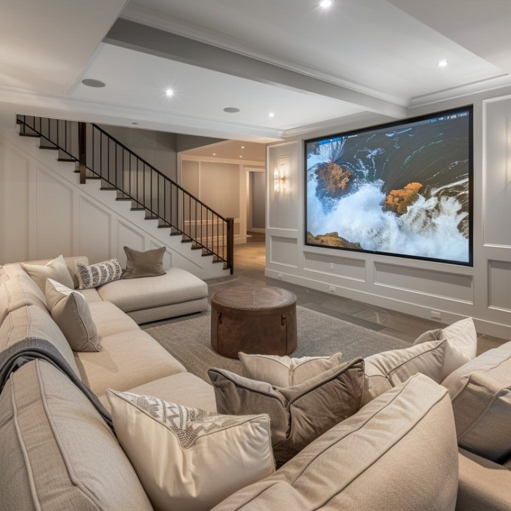 Finished luxury basement lounge with pool table, stone fireplace and reclaimed wood wall