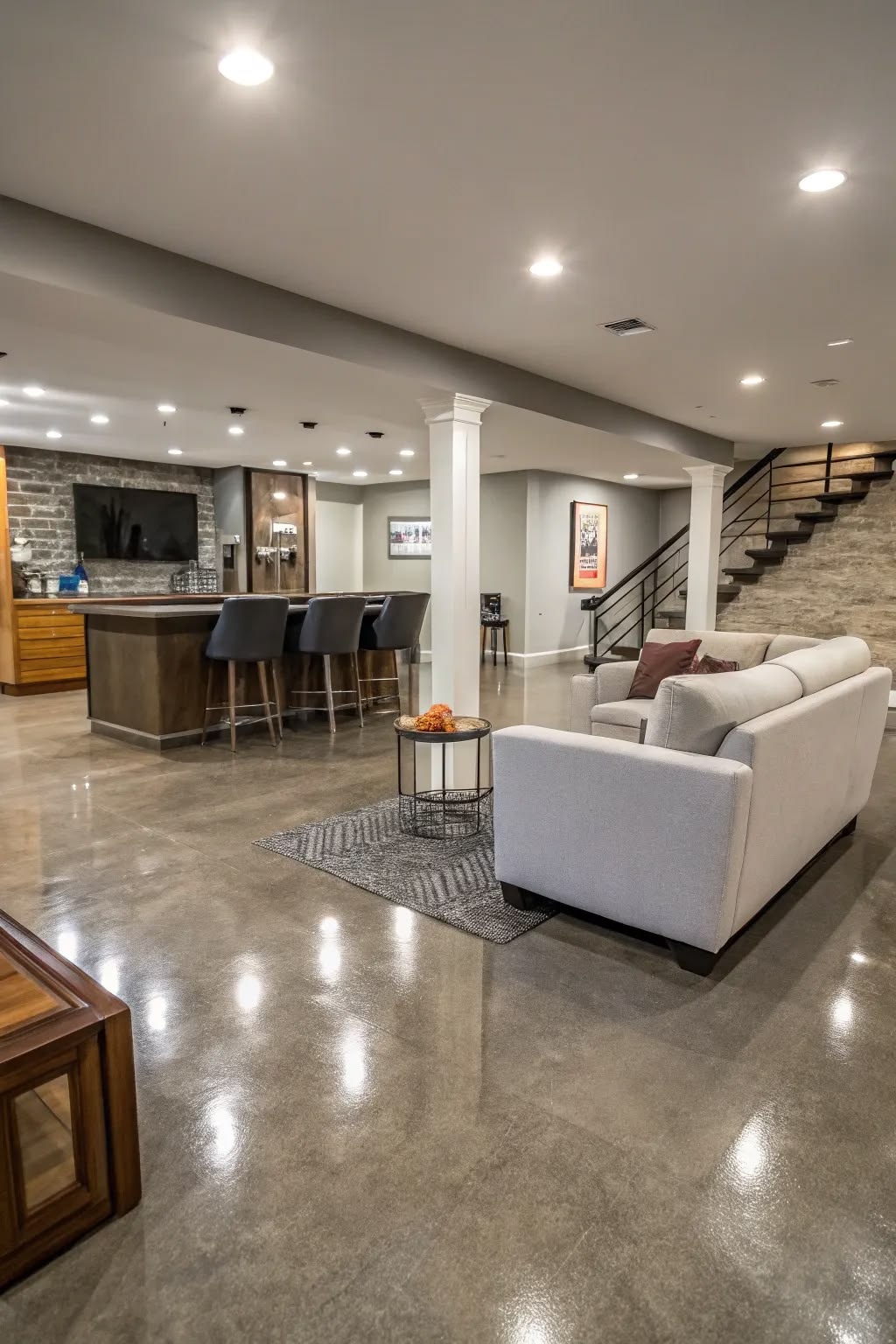 Finished luxury basement lounge with pool table, stone fireplace and reclaimed wood wall
