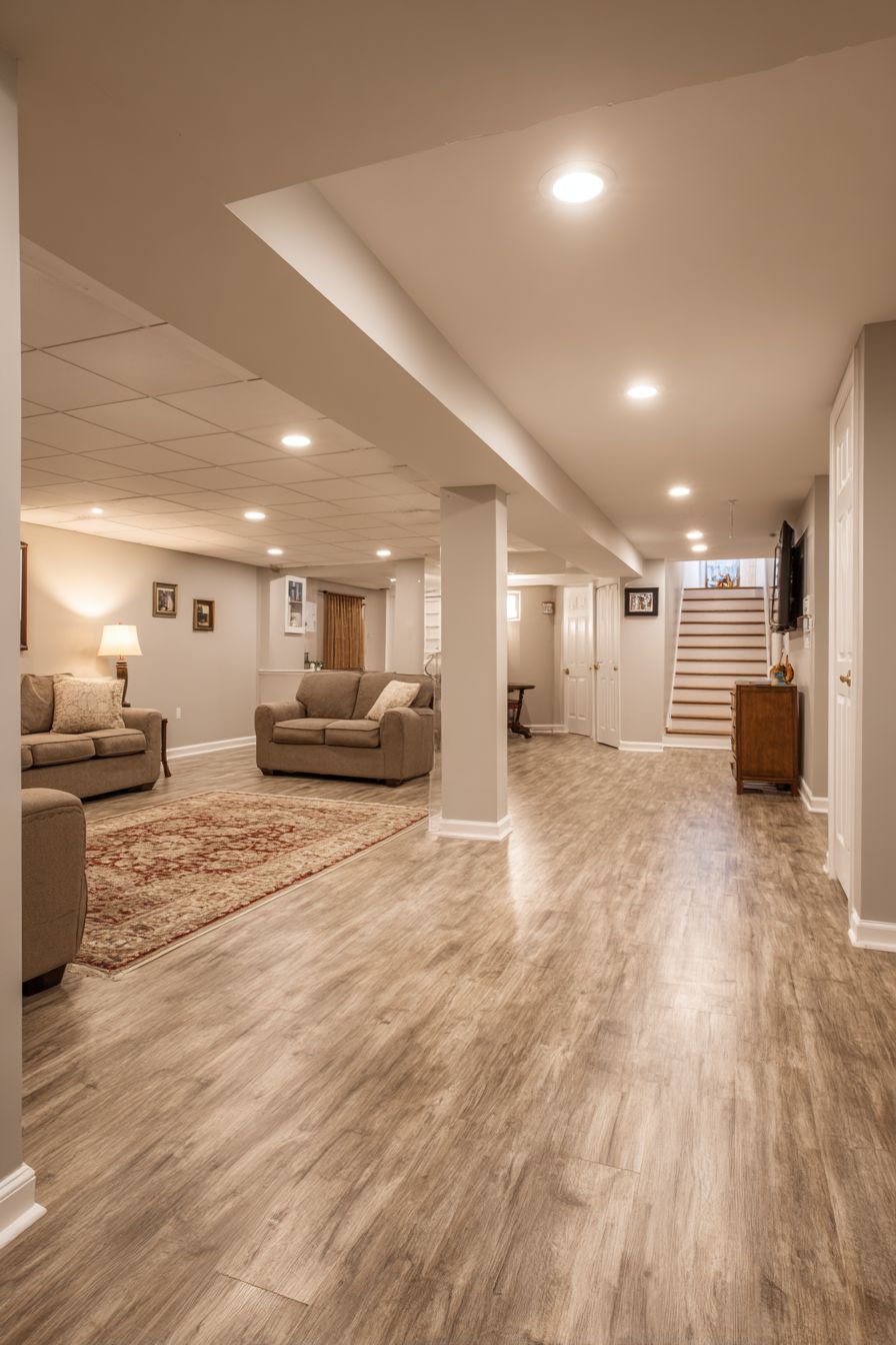 Finished luxury basement lounge with pool table, stone fireplace and reclaimed wood wall