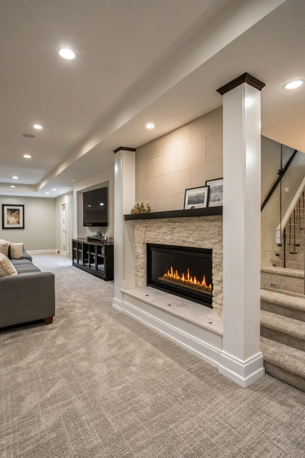 Finished luxury basement lounge with pool table, stone fireplace and reclaimed wood wall