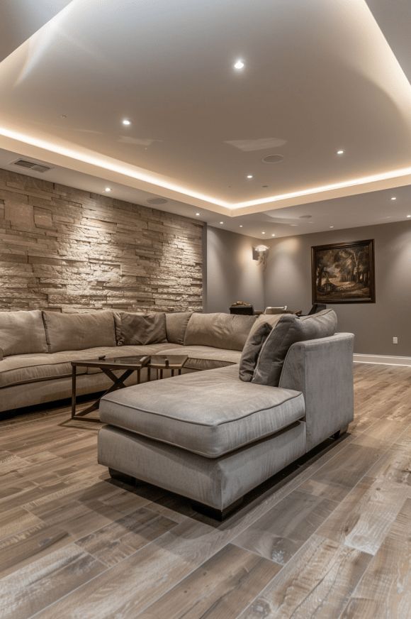 Finished luxury basement lounge with pool table, stone fireplace and reclaimed wood wall
