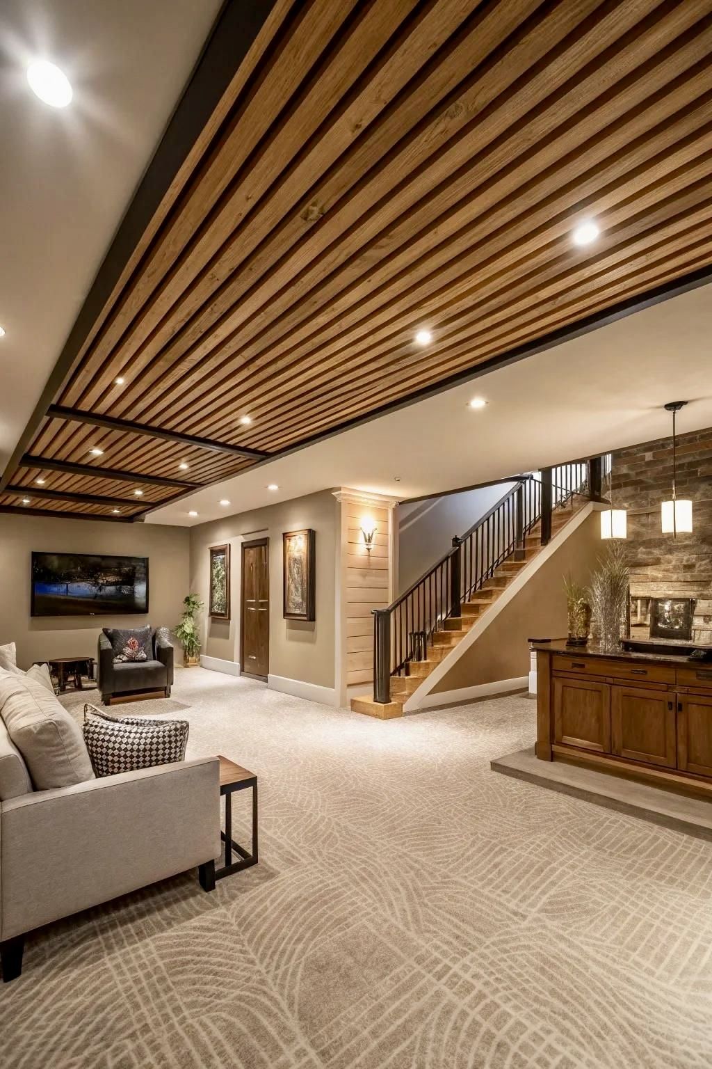 Finished luxury basement lounge with pool table, stone fireplace and reclaimed wood wall