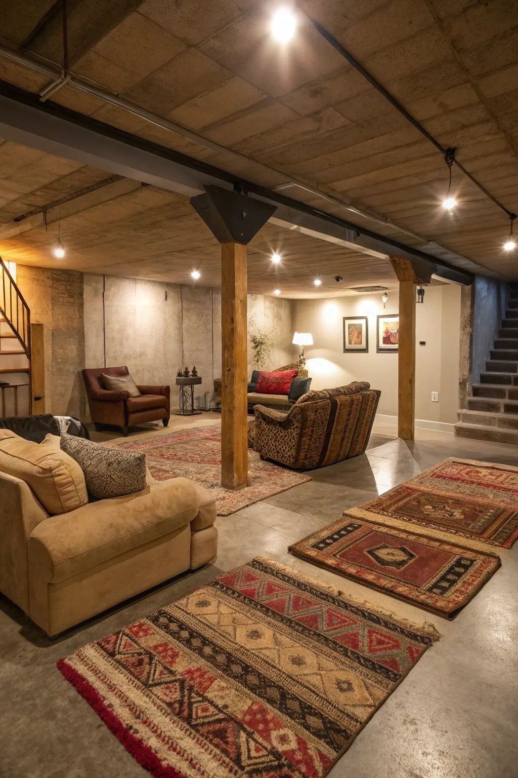 Industrial basement suite living area with oversized clock