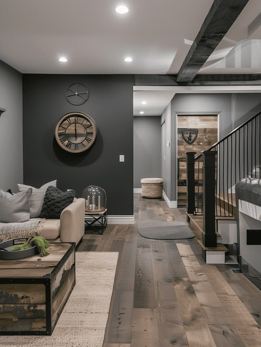 Finished luxury basement lounge with pool table, stone fireplace and reclaimed wood wall