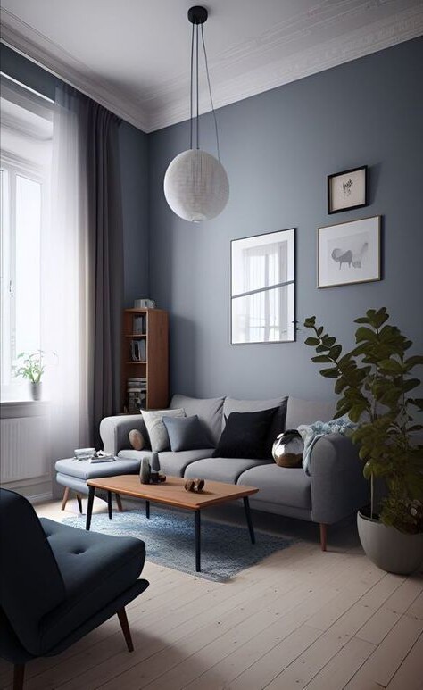 Halton Region interior painting — blue-grey living room with a grey sofa