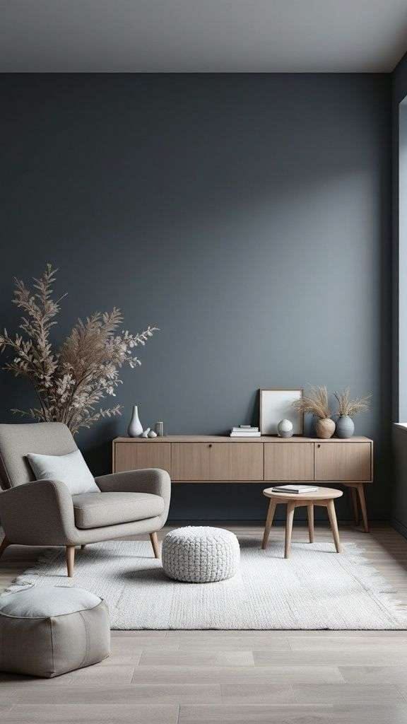 Simcoe County interior painting — charcoal-blue wall with a beige armchair