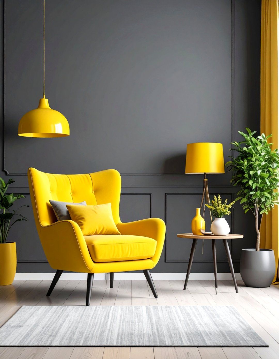 Oxford County interior painting — charcoal grey panelled wall with a yellow armchair