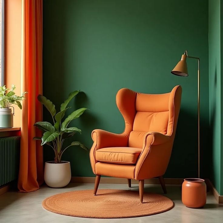 Dufferin County interior painting — dark green wall with an orange wingback chair