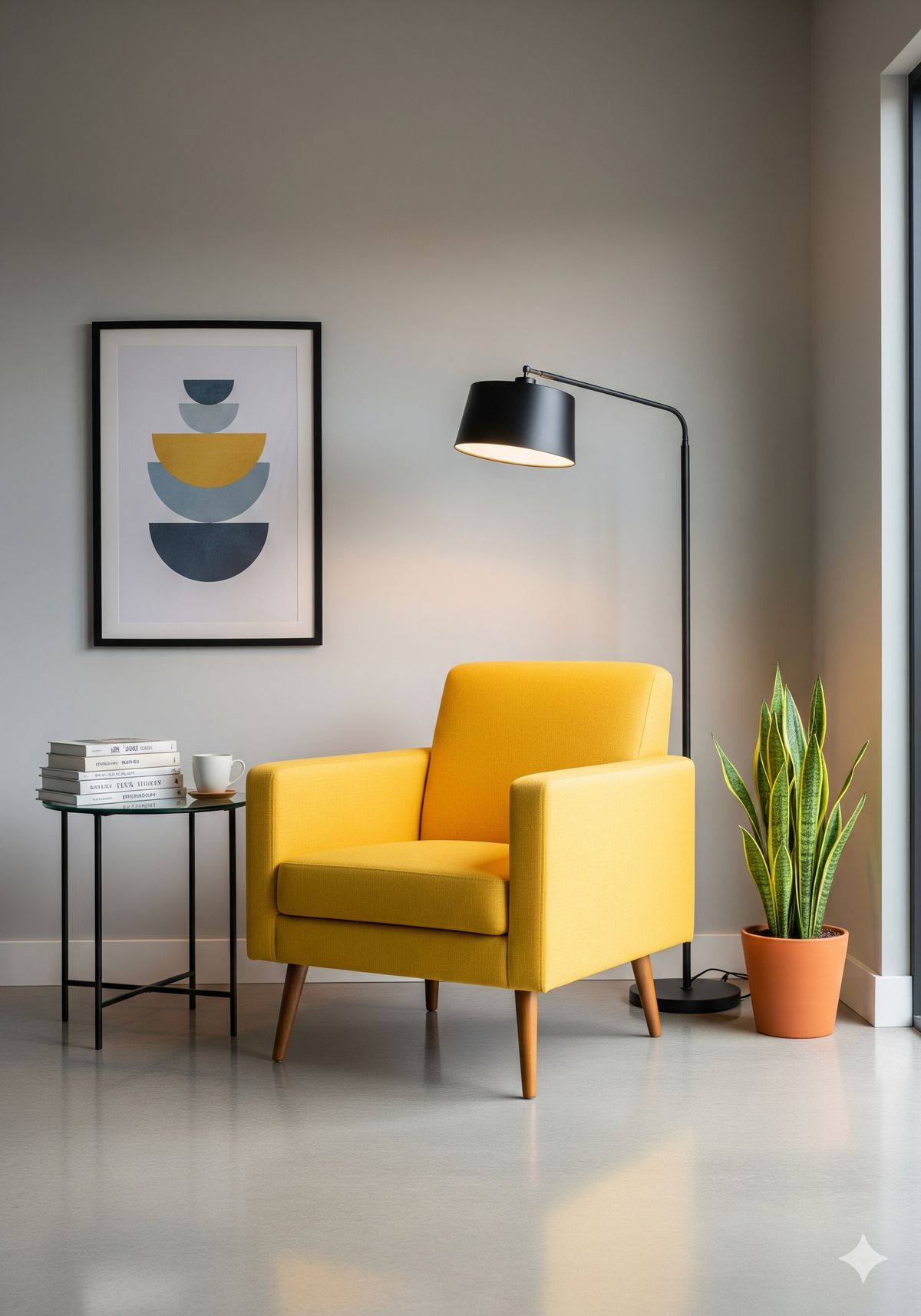 Hastings County interior painting — warm greige wall with a yellow armchair
