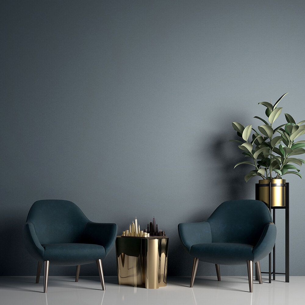 York Region interior painting — slate-blue living room with teal armchairs