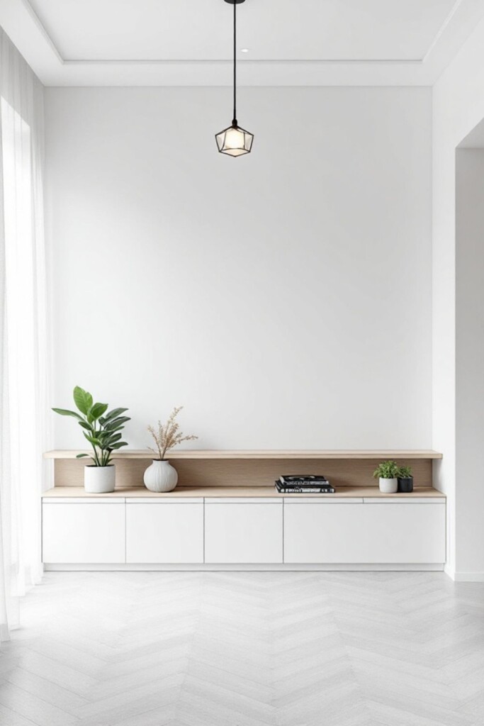White minimalist room with herringbone floor