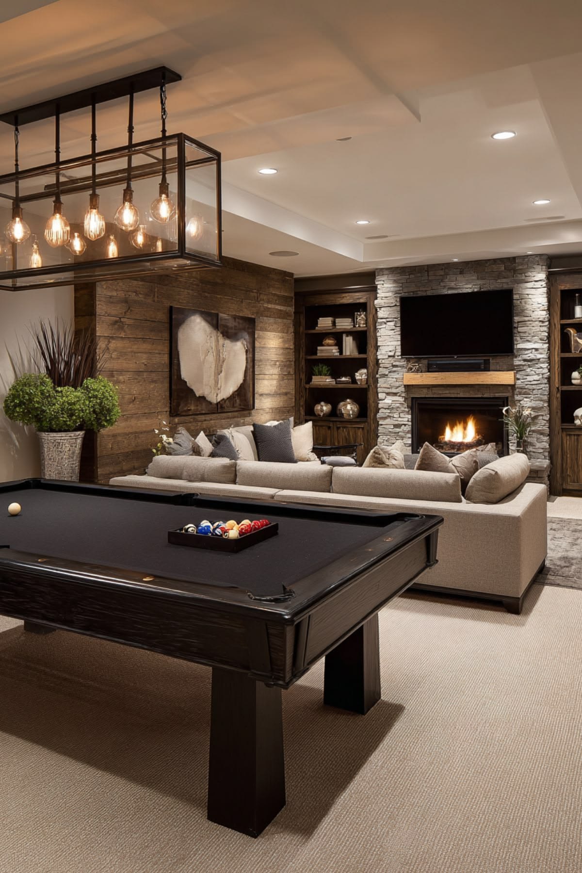 Finished luxury basement lounge with pool table, stone fireplace and reclaimed wood wall