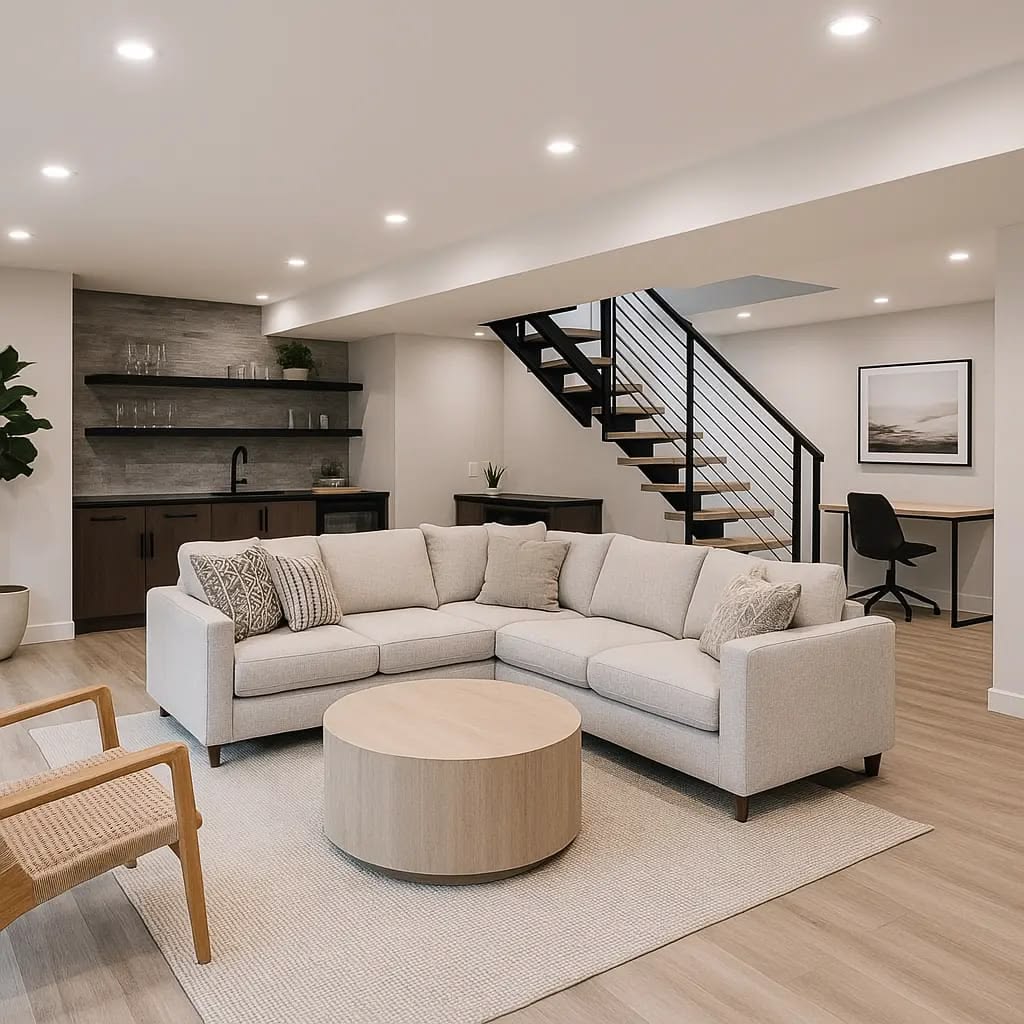 Finished luxury basement lounge with pool table, stone fireplace and reclaimed wood wall