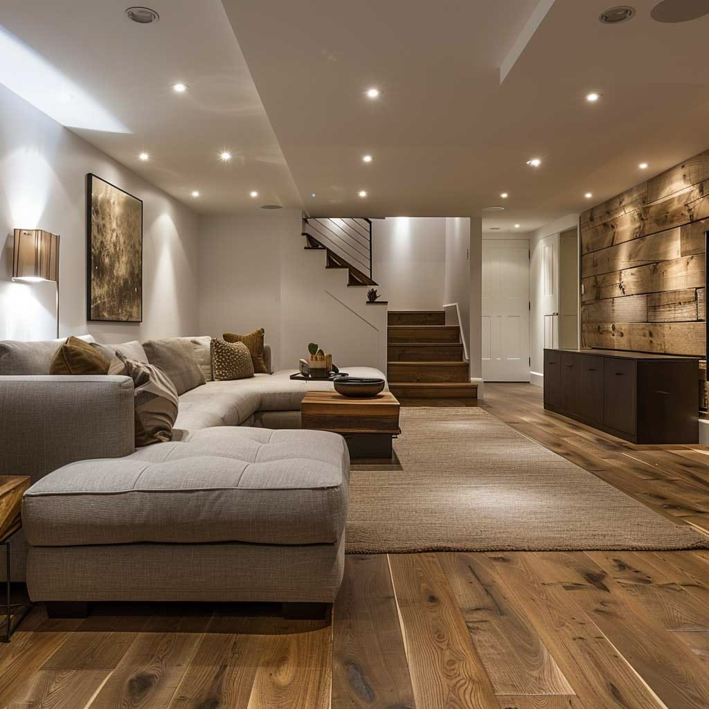 Finished luxury basement lounge with pool table, stone fireplace and reclaimed wood wall