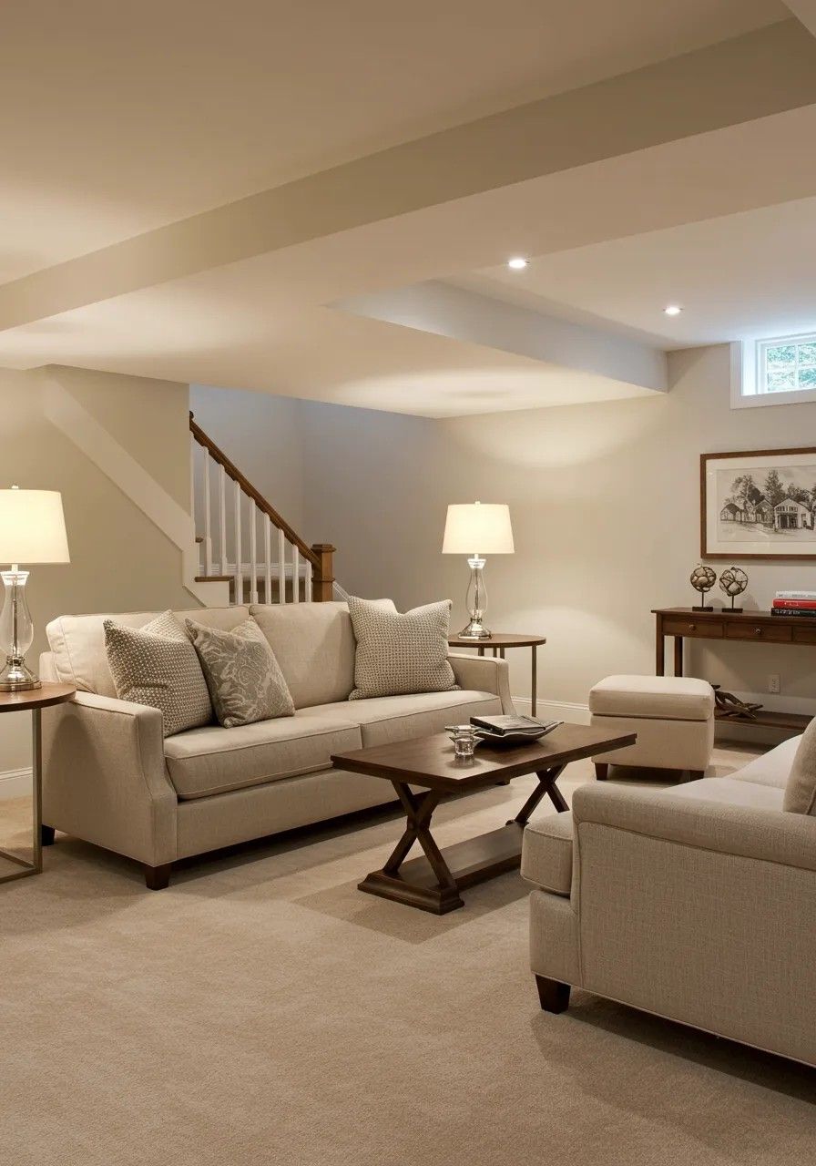 Bright neutral basement suite living room with staircase
