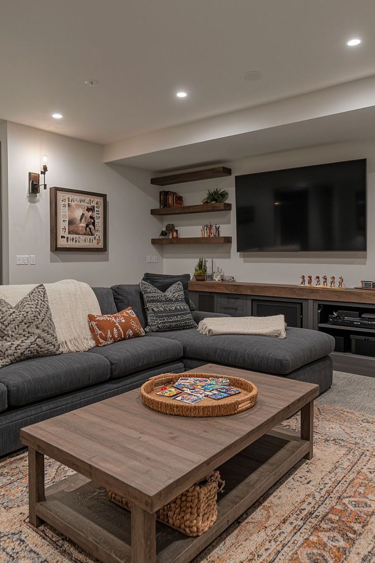 Cozy basement apartment lounge with sectional and media wall