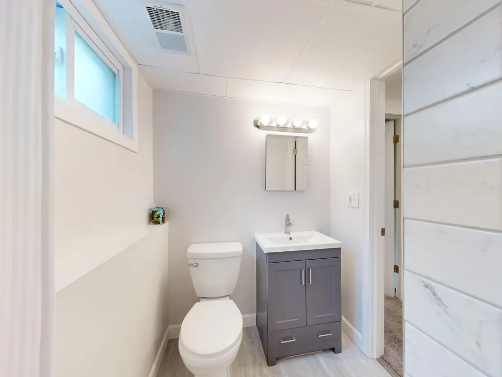 Compact modern bathroom with a walk-in shower and vanity
