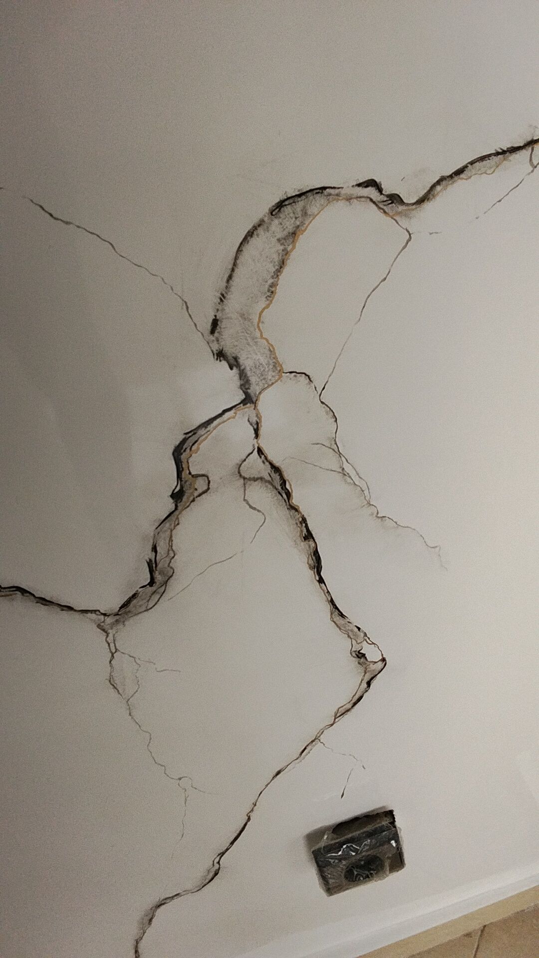 Branching spider cracks across a patched wall in a St. Thomas century home in Elgin County